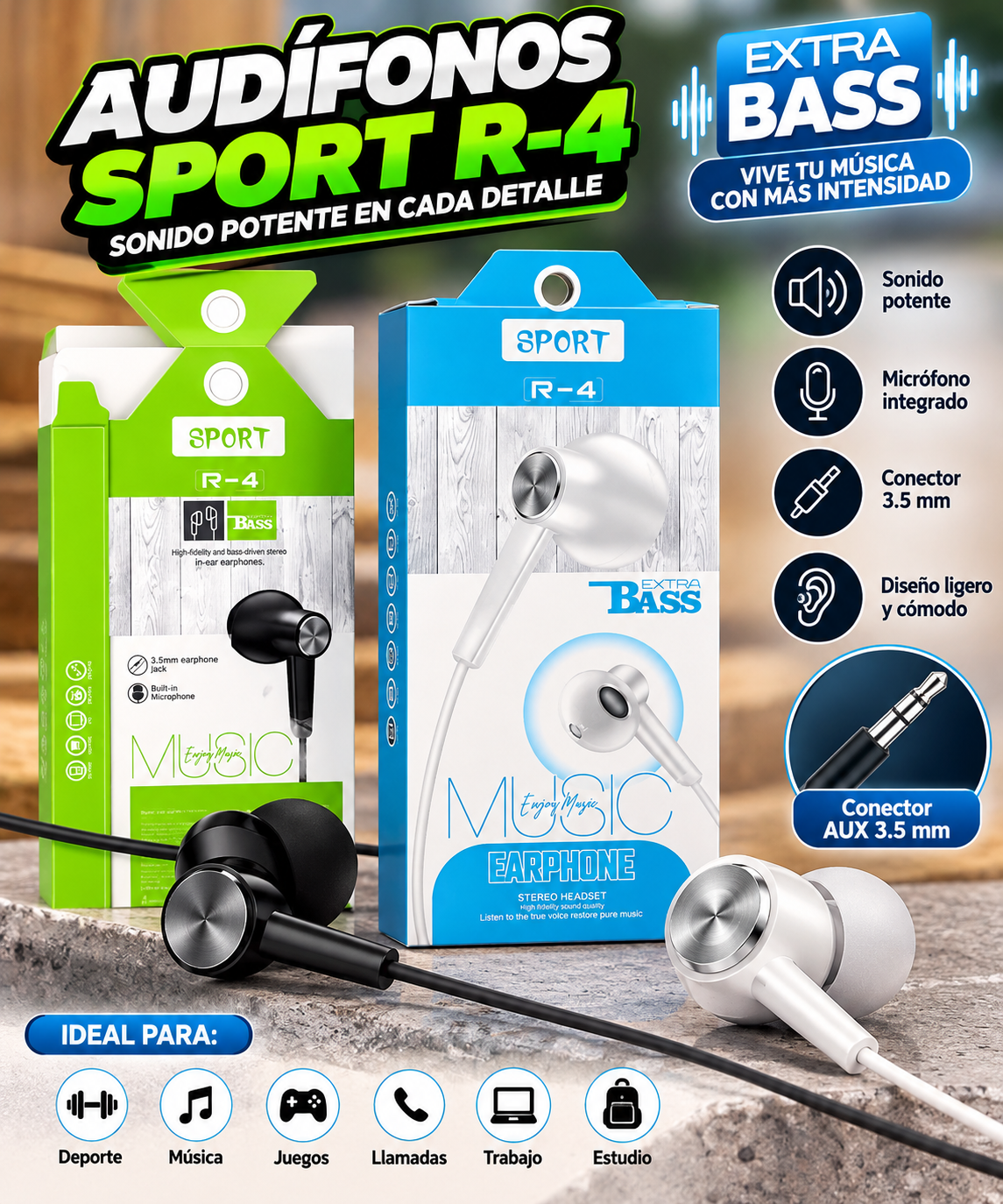 audifonos de cable de pluging R4  caja negra