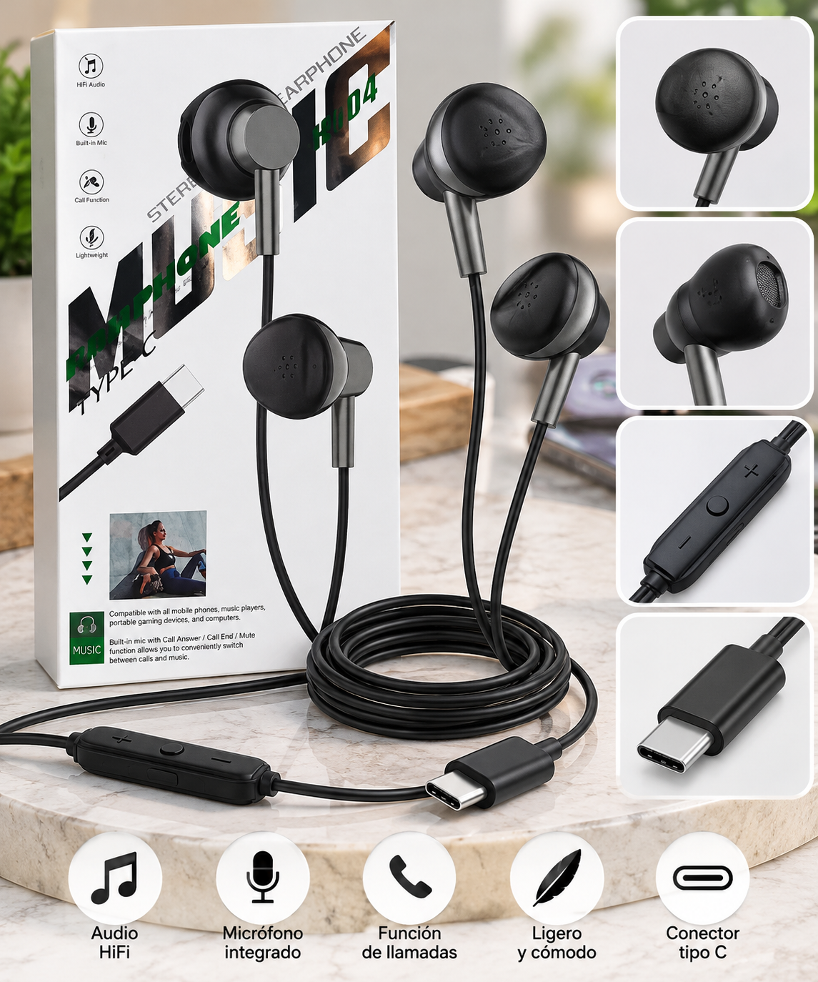 audifonos de cable tipo c  H+04