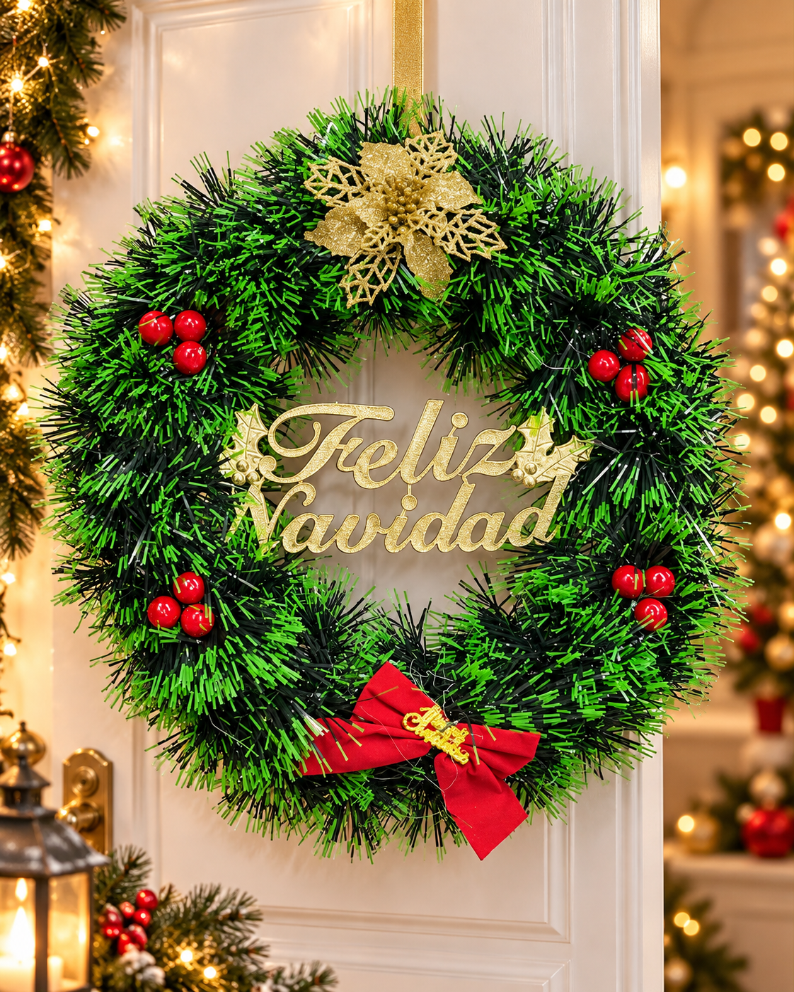 corona de navidad 30 cm feliz navidad pequeña