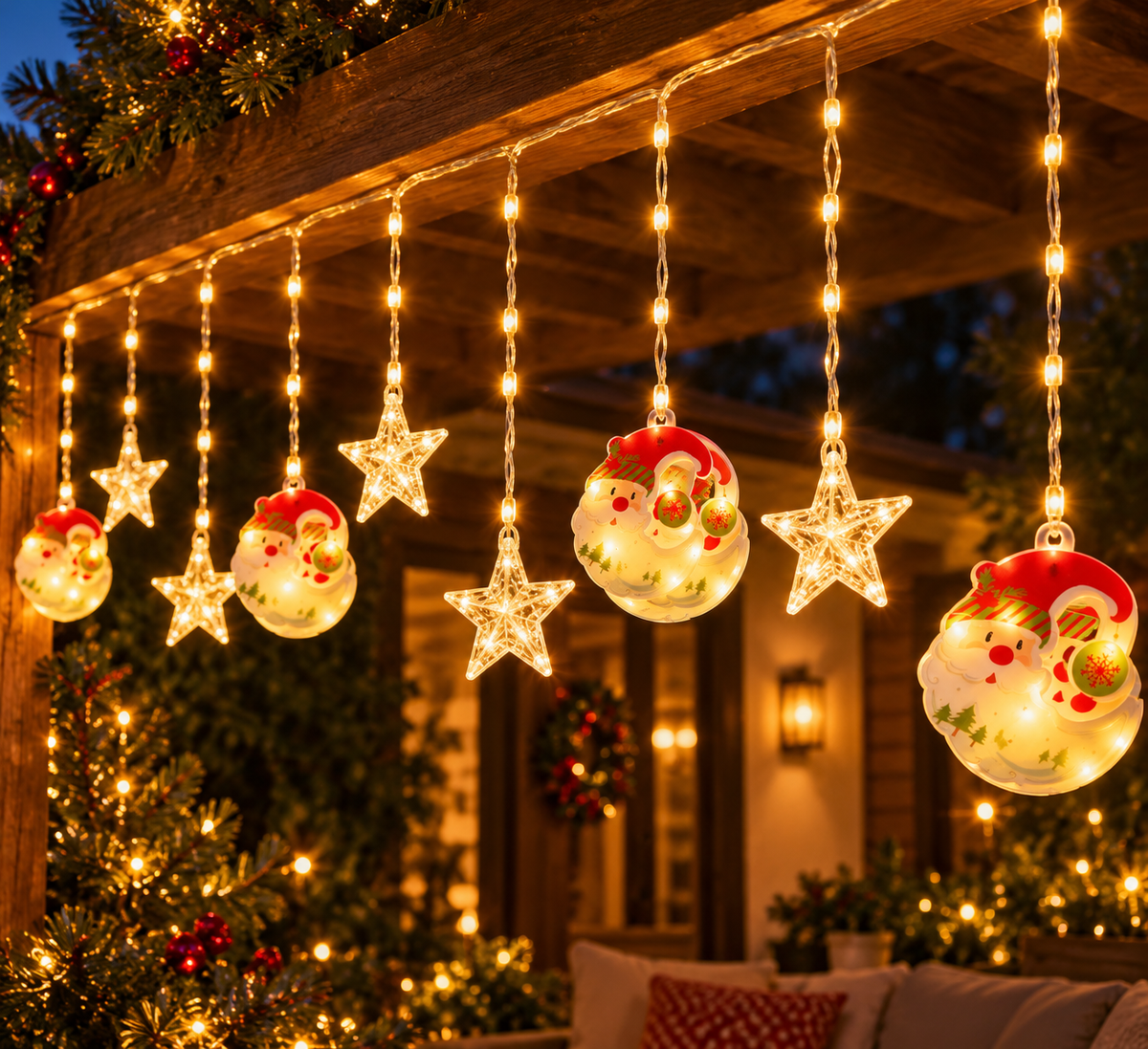 luz cascada de 3 metros papa noel en forma de luna con estrellas calido S4025TC
