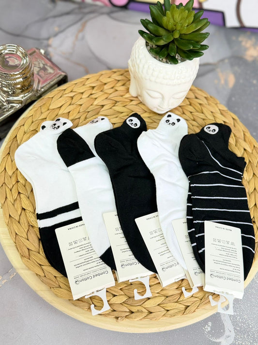 medias panda x10 bordado negro con blanco